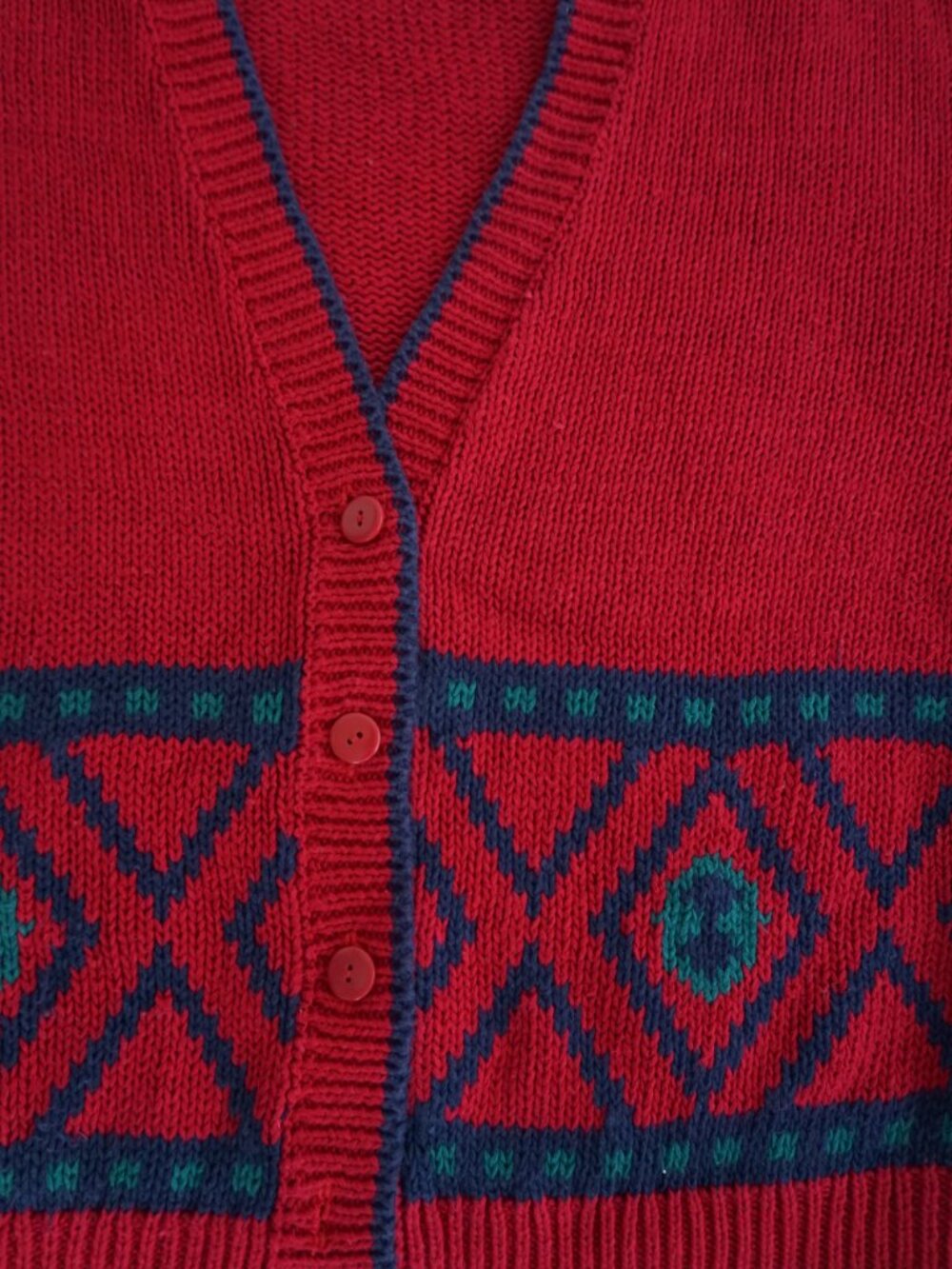 Vintage Gina Peters Red Geometric Knit Button Front Grandpa Cotton Cardigan M - Picture 6 of 9